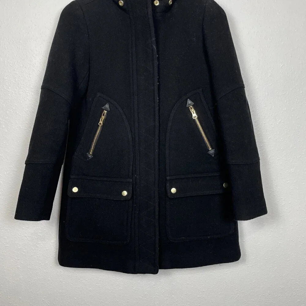 J.Crew Black Chateau Parka Italian Wool Stadium Cloth Hooded Coat sz:00 B3901
